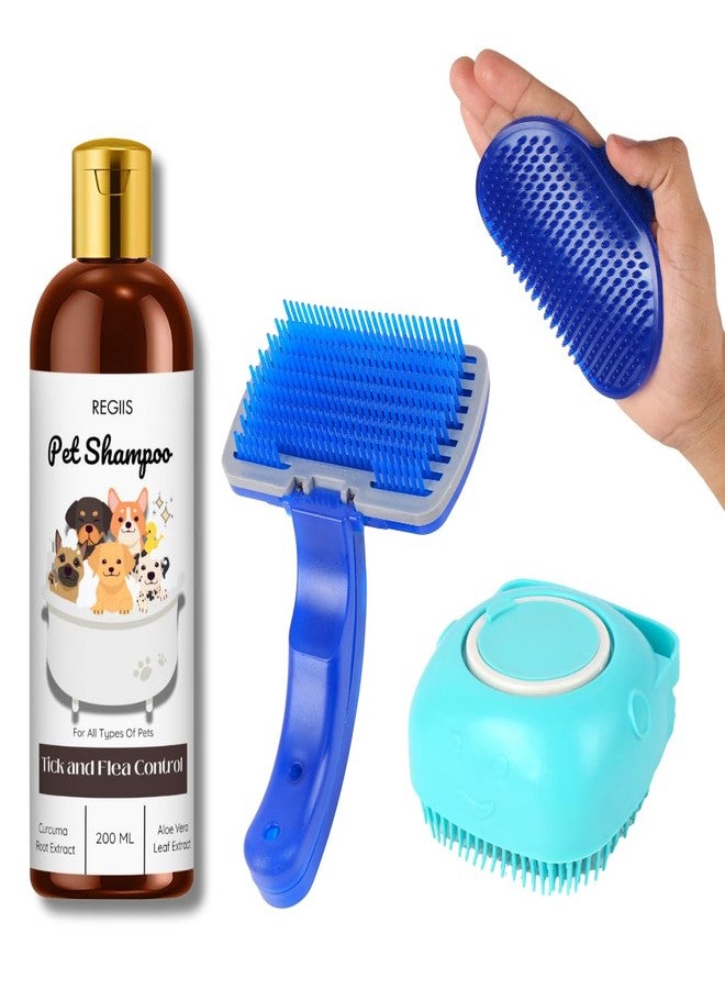 مجموعة العناية بالحيوانات الأليفة مع شامبو لمكافحة القراد والبراغيث 200 مل، ومجموعة فرشاة ذاتية التنظيف، وأمشاط تدليك سيليكون زرقاء للكلاب والقطط (عبوة من 4 قطع) - Image 1